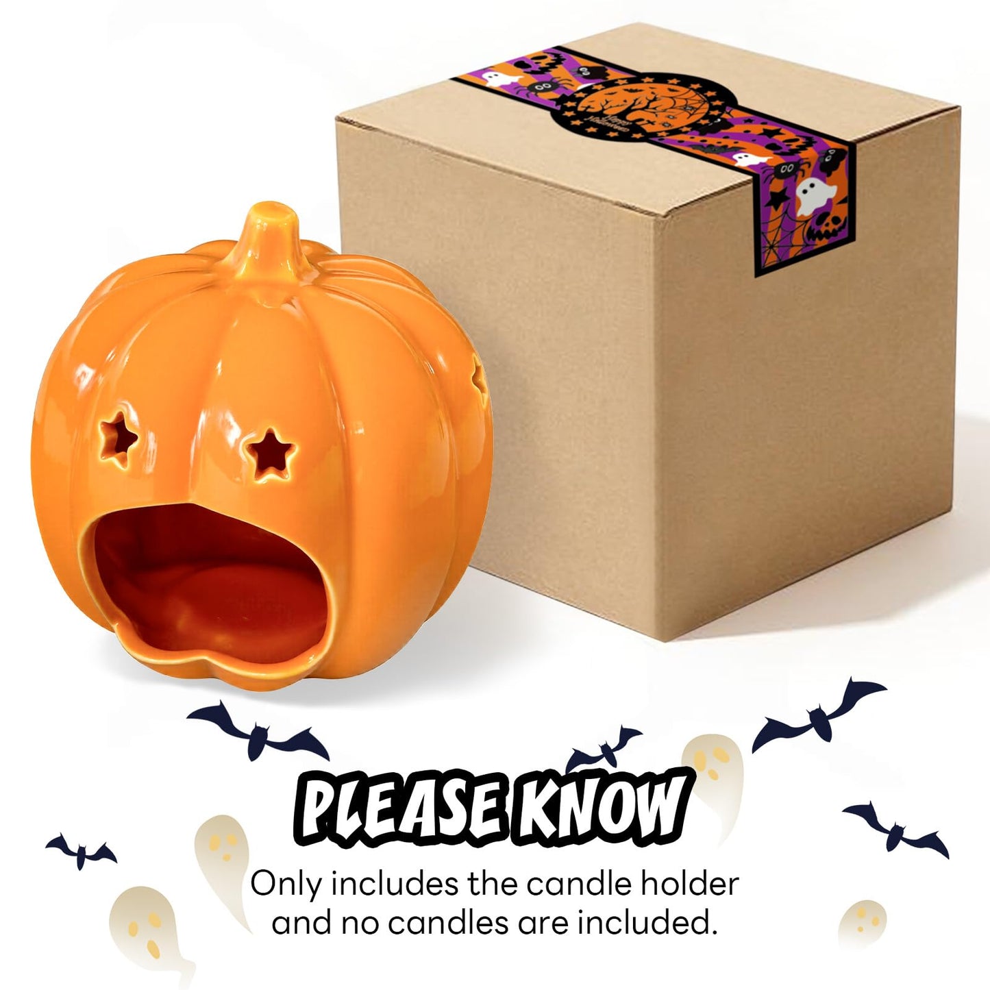 Halloween Ceramic Candle Holder Decorations Pumpkin Candle Holder Halloween Tabletop Decorative for Home Office Table Centerpiece, Cute Pumpkin Tealight Candlestick