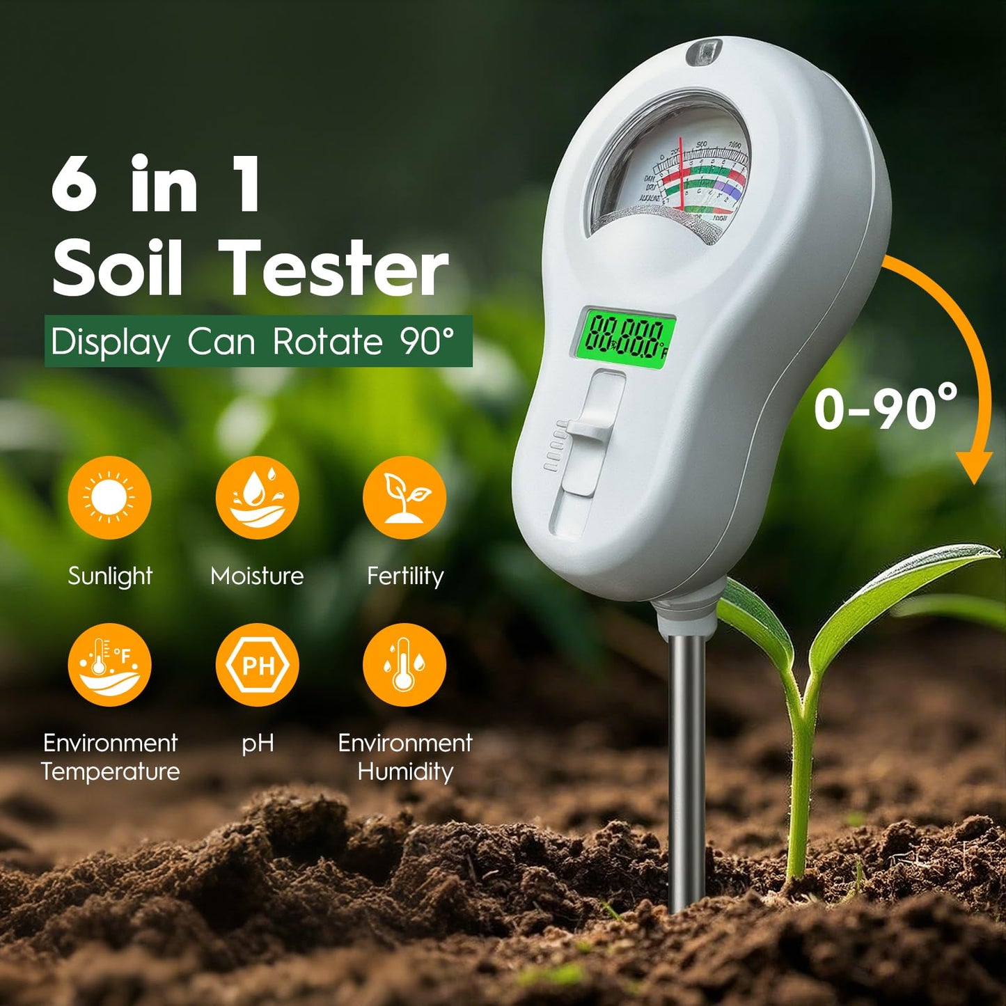 6-in-one Soil Test Kit-Soil Moisture Meter/PH Meter/Fertility/Sunlight Intensity Soil Tester, LCD Air Hygrometer&Temperature Moisture Meter for Plants-Garden, Lawn,Farm,2 Pack Detachable Probe
