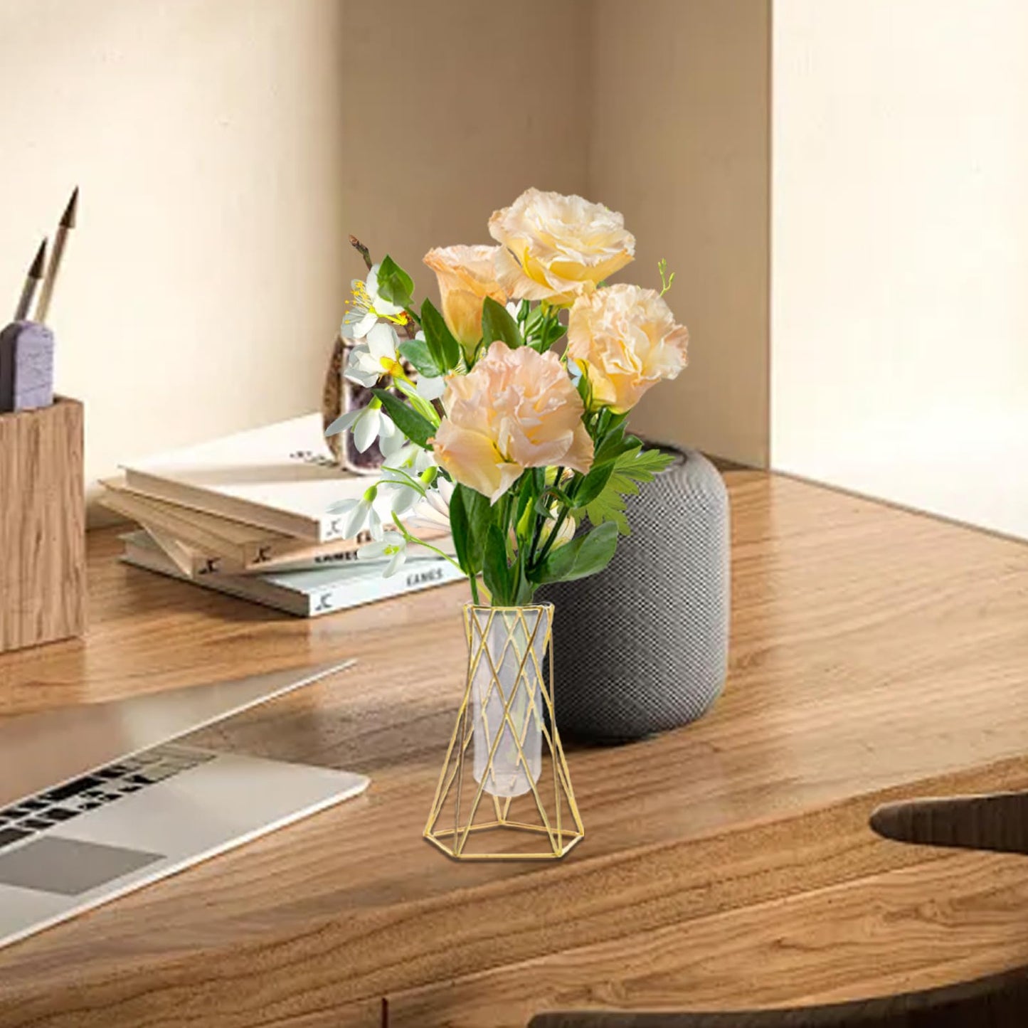 Hyuetrsa 8 Pcs Gold Geometric Vases for Centerpieces, 6.3 Inch Metal Flower Stand with Glass Vase Hydroponic Plant Test Tube Vases Modern Vase for Wedding Home Decor