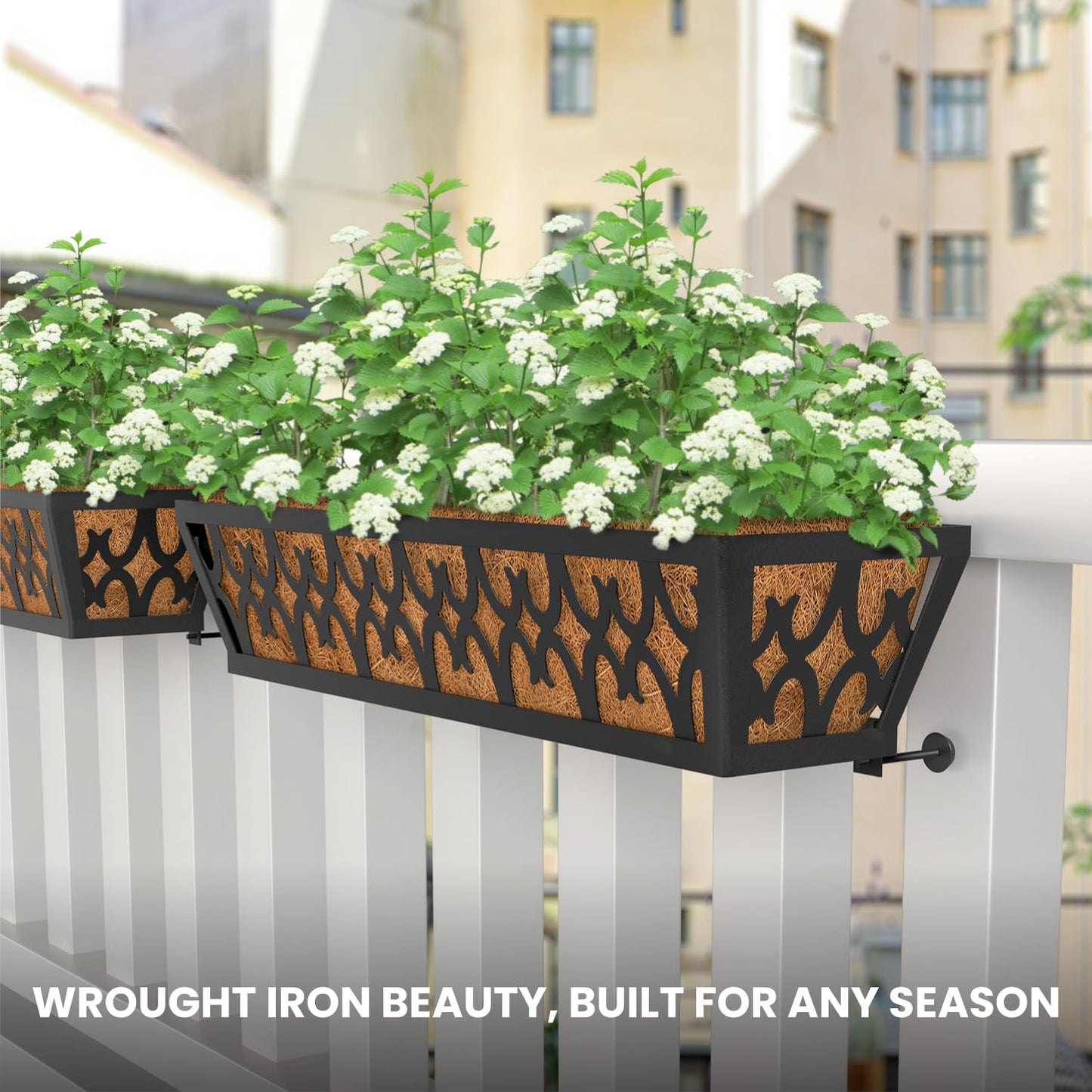 TPHUC 4 Pack Window Box Railing, 24IN Black Metal Hanging Flower Planter Basket with Coco Liner for Outdoor Balcony Porch Fence Patio for Home, Office and Hotel (Black)