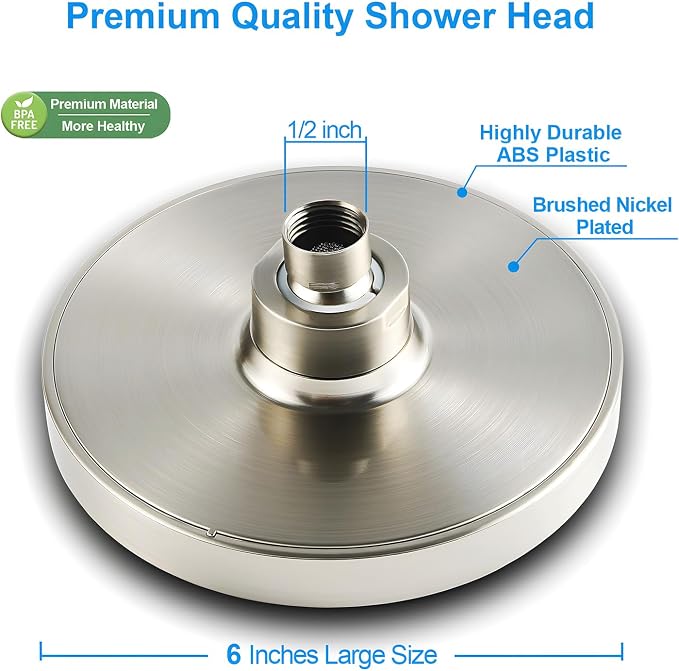 High Pressure Rainfall Shower Head, 6 Inches Luxury Showerhead with Perfect Adjustable Replacement, Removable Restrictor, Easy Installation for Your Bathroom Shower Heads (Brushed Nickel)