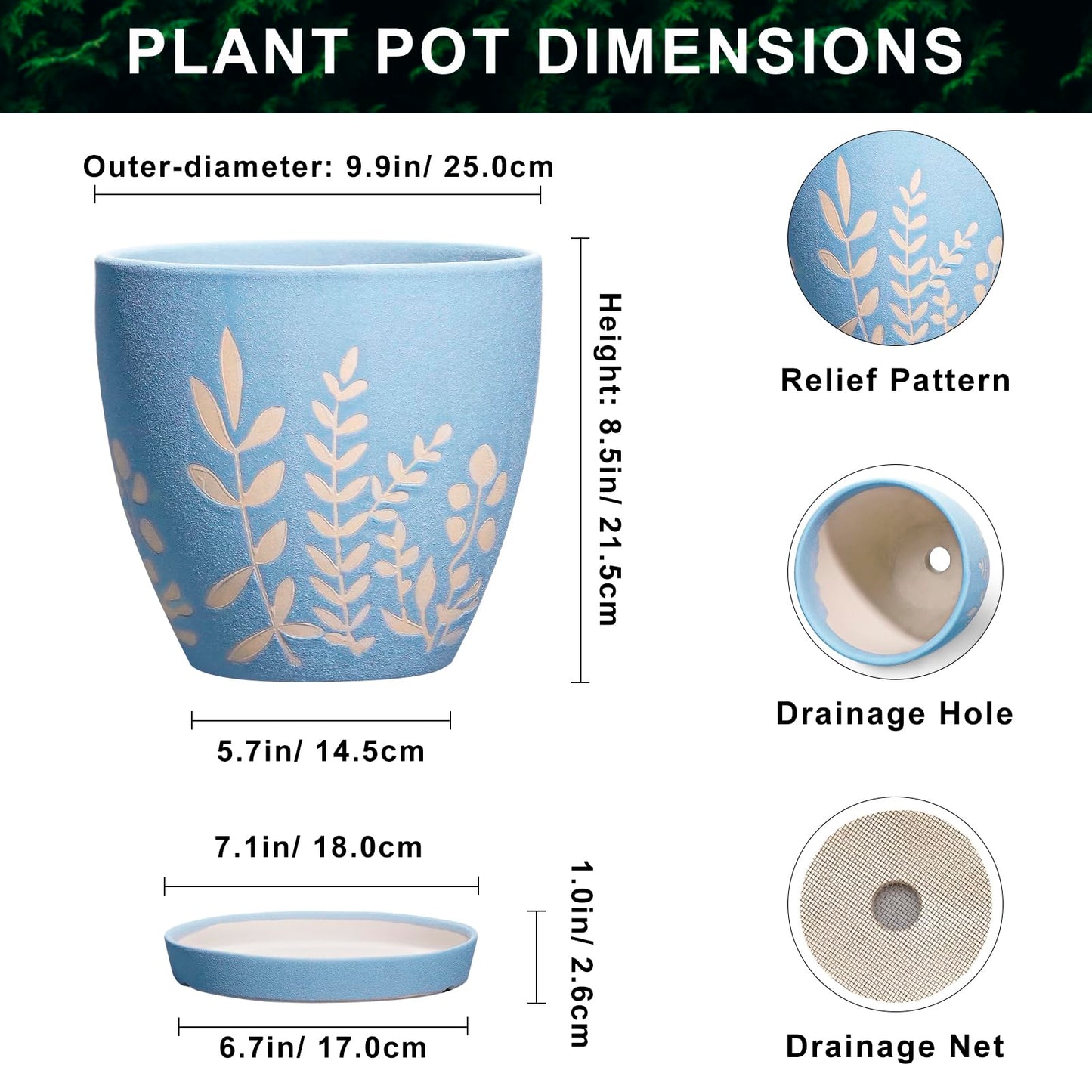 EPFamily 10 Inch Large Ceramic Plant Pot with Saucer - Round Planter with Drainage for Indoor Outdoor Plants, Boho Flower Pot, Home Office Room Garden Decor, Housewarming Gift, Blue