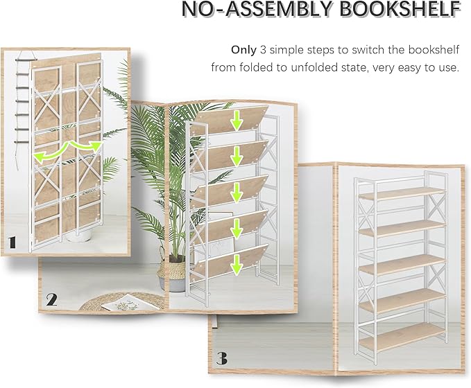 4NM Extra Wide 5 Tiers No Assembly Book Shelves, 51.2" H Folding Bookshelf