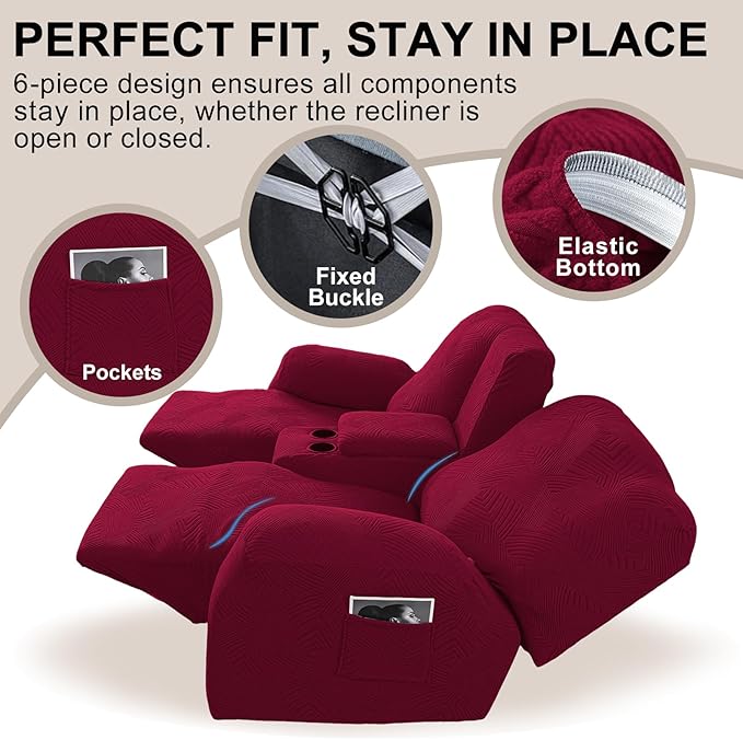 Recliner Loveseat Covers with Console, 6-Piece Stretch Geometric Strokes