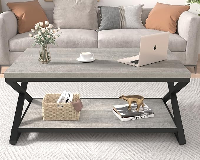 HSH Rustic Grey Coffee Table, Modern Minimalist Living Room Table