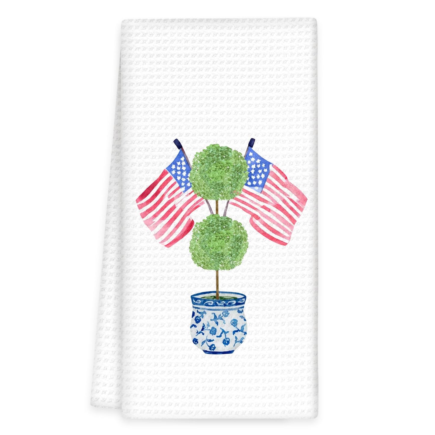 OINDADE 4th of July Grandmillennial Kitchen Towels, Blue Chinoiserie Decor Hand Towels, Patriotic American Flag Topiary Dish Tea Towel for Kitchen Decorative, Chinoiserie Topiary Bathroom Decor,16x24