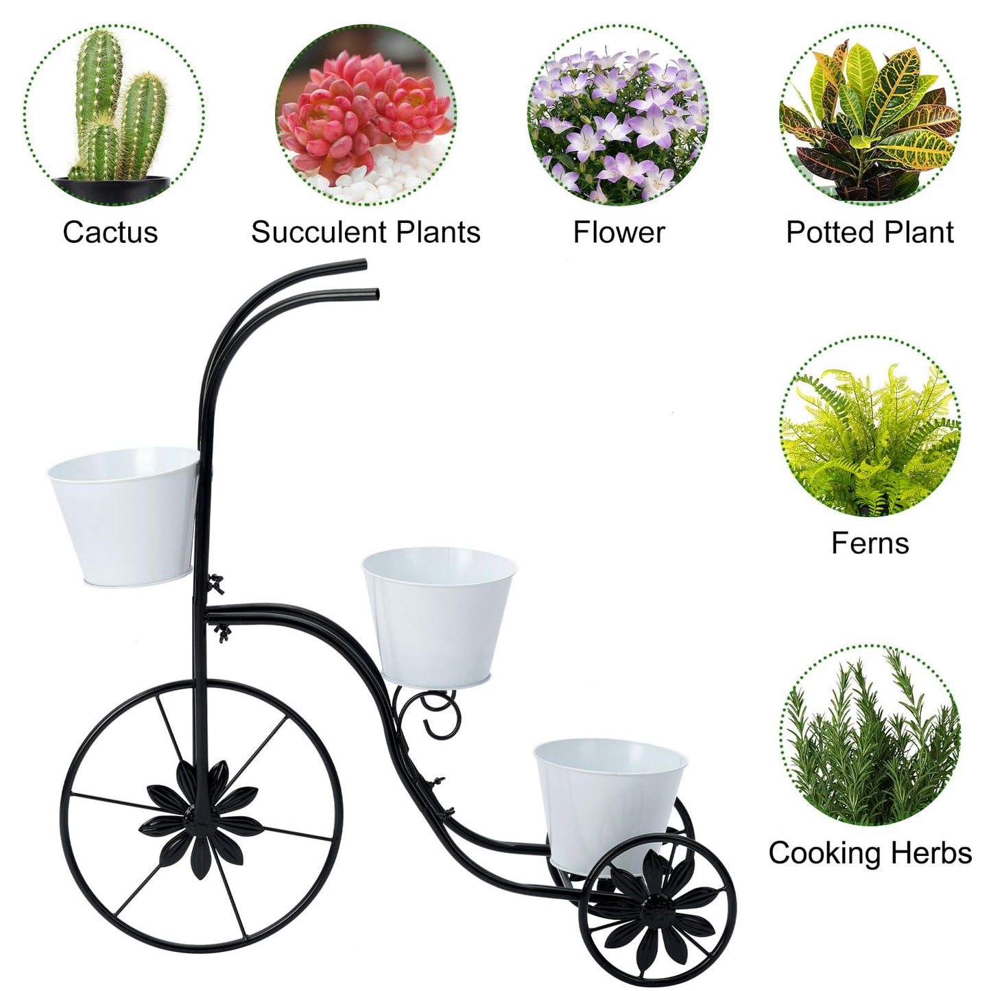 BAYN Bicycle Planter Stand, Metal Flower Pot Cart Holder Tricycle Planter with 3 Plant Bucket Outdoor Decorative for Patio, Deck, Garden or Lawn