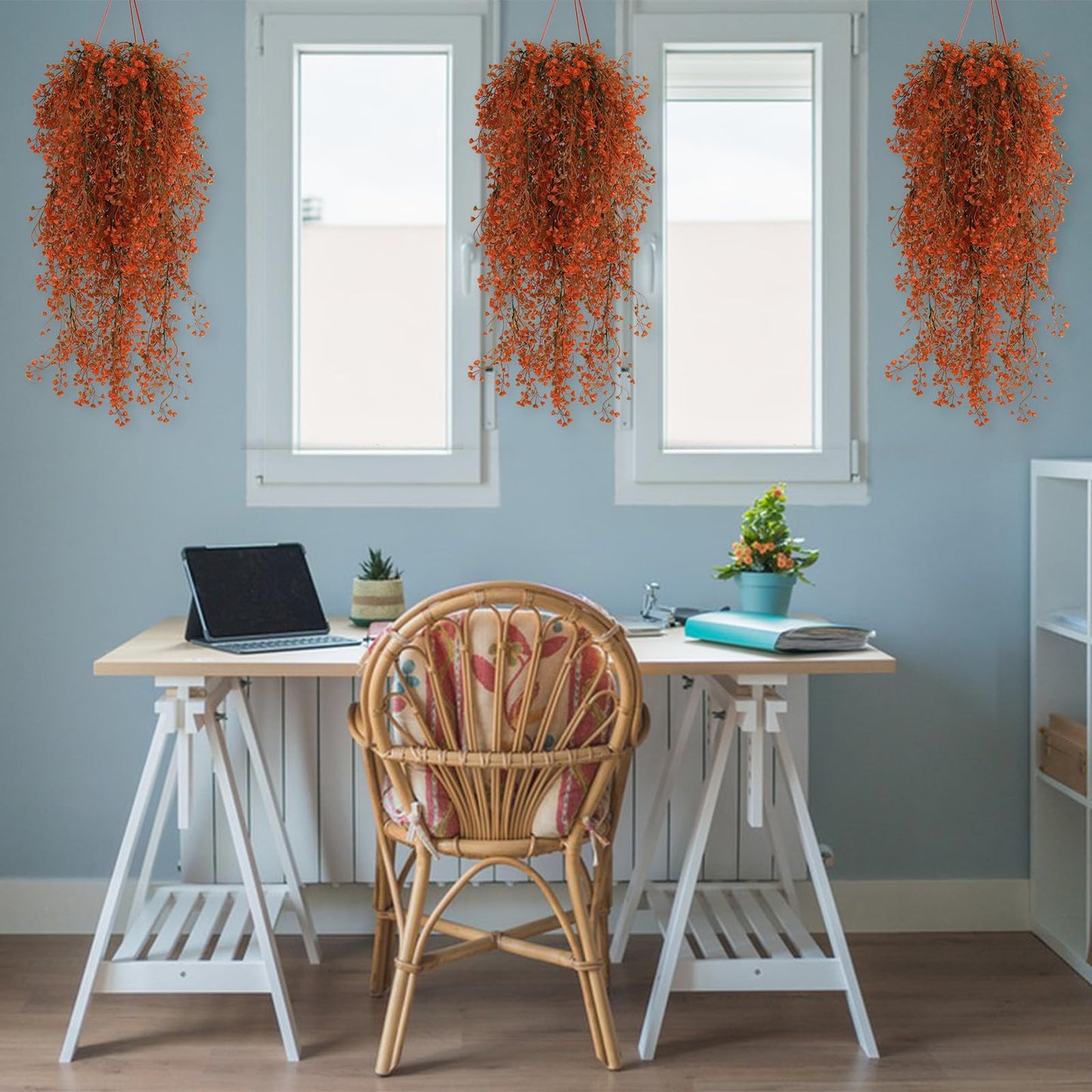 RECUTMS Fall Artificial Hanging Plants 4 Pcs Autumn Fake Ferns Artificial Plants Large Faux Hanging Plant Wall Thanksgiving Room Home Garden Wedding Party Indoor Outdoor Decor(Fall Orange)