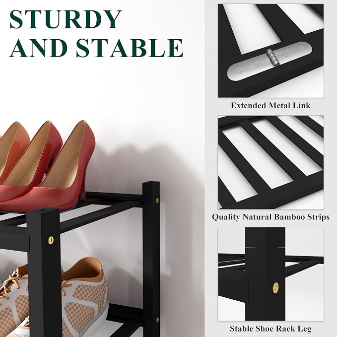 Smiry Bamboo Shoe Rack, 6 Tier Free Standing Wooden Shoe Organizer, Stackable Wood Shoe Storage Shelf for Closet, Entryway, 12 Vertical Slats, 2+2+2 Stack Standard Legs, 26.8"x11"x39", Black