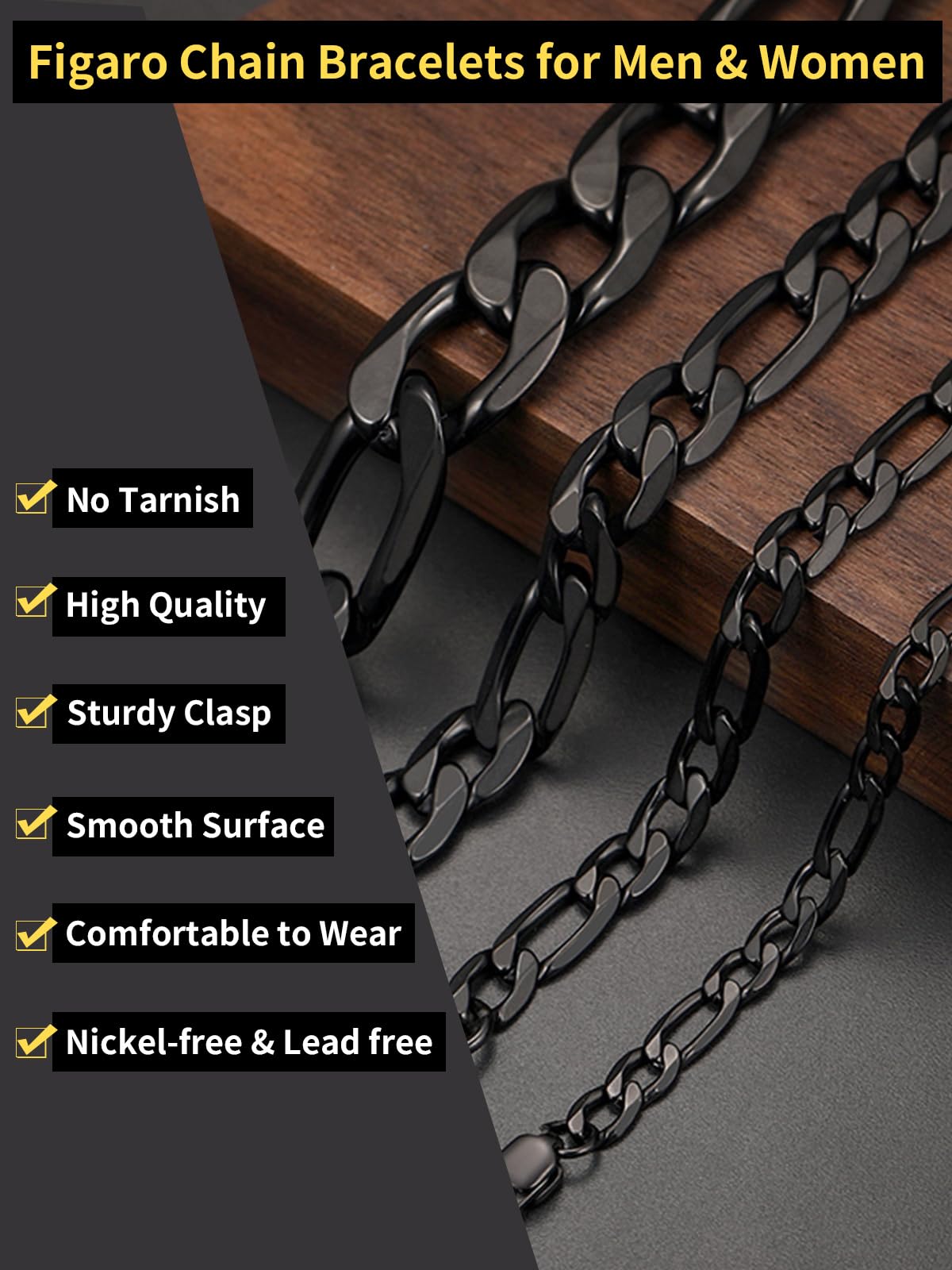 ChainsHouse Black Steel Bracelet Men and Womens 9mm 8.3/'' Punk Hip Hop Jewelry Stainless Steel Figaro Bracelets'' }