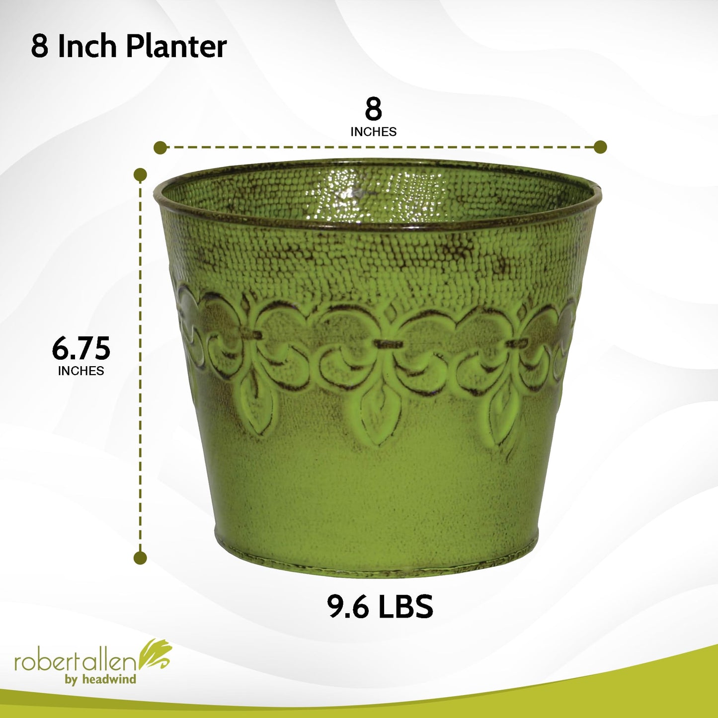 Robert Allen MPT01640 Fluer De Lis Series Metal Flower Pot, 8", Tansy Green 8 inch planter, 10"