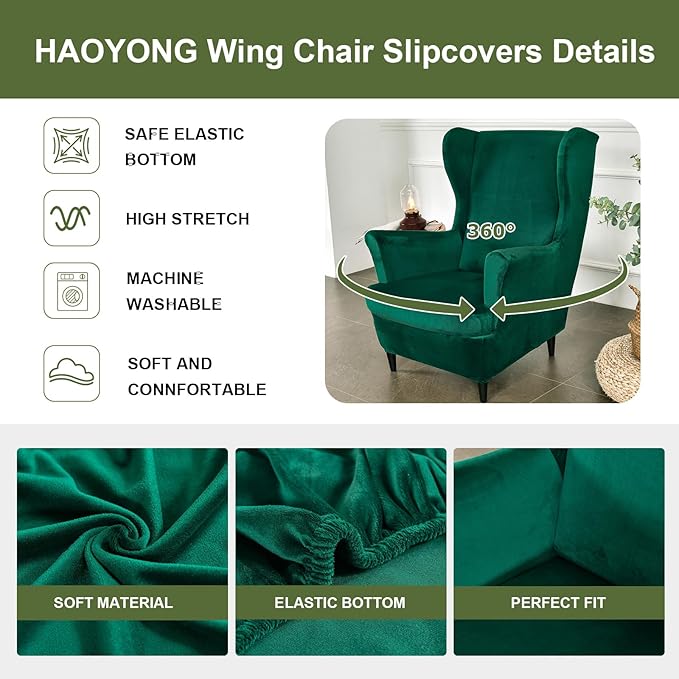 HAOYONG Velvet Wingback Armchair Covers 2-Piece Elastic Stretch Wingback Chair