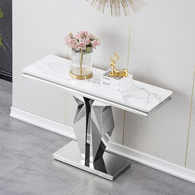 Henf 47" Marble Console Table Modern White Faux Marble Entryway Table