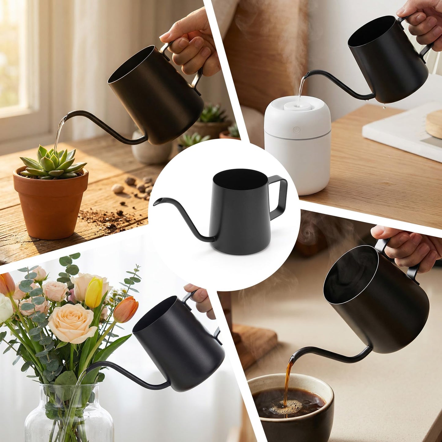 350ml Small Watering Can for Indoor Plants, 12oz Mini Plant Watering Pot with Long Spout and Handle, Black Tiny Stainless Steel Watering-Can for Outdoor Indoor Plants Flower Garden