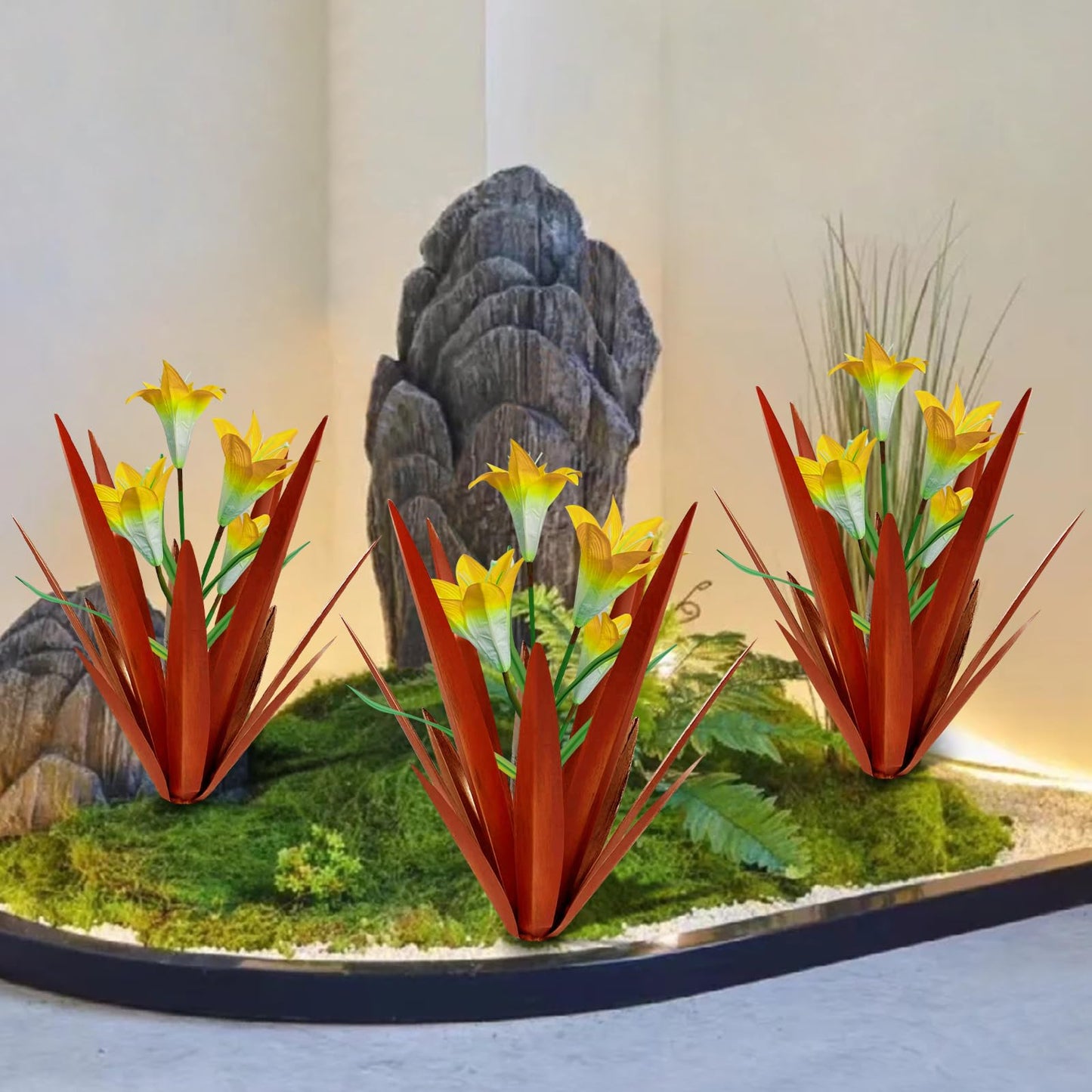 Homight Metal Agave Plant Outdoor Decoration Lily Mexican Yard Art Garden Gift Home Decor Hand Painted Metal Agave Garden Yard Statue, Outdoor Lawn Ornaments(3 Big Yellow Lilies)