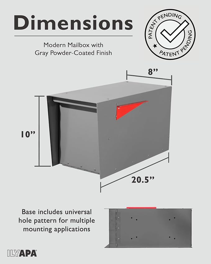 Ilyapa Modern Mailbox for Post Mount - Gray with Gray Door Powder Coated Steel, Waterproof Letter Box for Parcels, with Recessed Magnetic Close Door