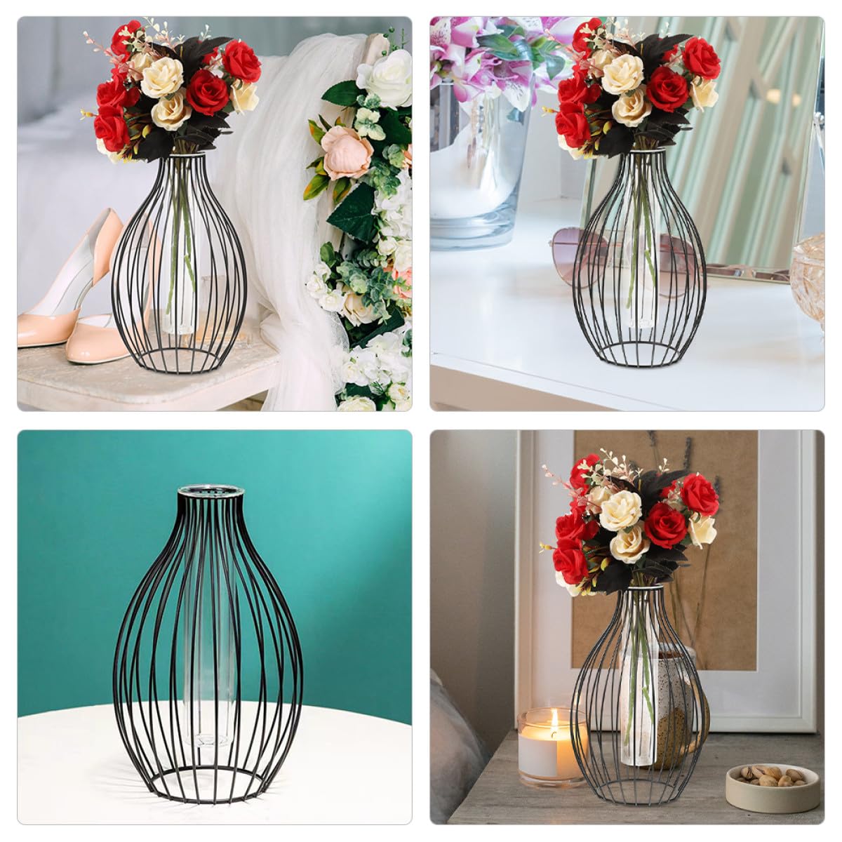 Garneck Geometric Iron Frame Vase with Small Glass Propagation Tubes, Hydroponic Planter for Home Décor, Nordic Style Desk Terrarium Plant Holder with Black Metal Stand