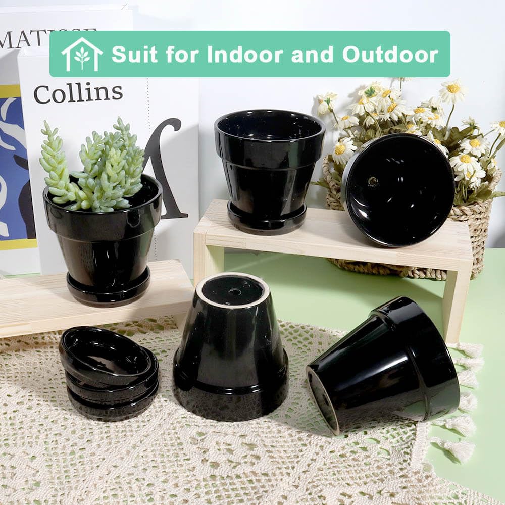 vensovo 4 Inch Black Ceramic Pots for Plant with Saucer - 6 Pack Small Ceramic Planter with Drainage Hole, Flowerpot with Tray, Great for Indoor Outdoor Plants, Crafts, Wedding Favor