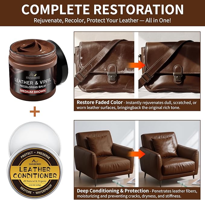 Leather Recoloring Balm with 100ml Mink Oil, Medium Brown Leather Repair Kit