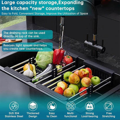 Dish Drying Rack, Stainless Steel Dish Drainer with Adjustable Arms Holder Functional Kitchen Sink Organizer for Vegetable and Fruit, Black Large