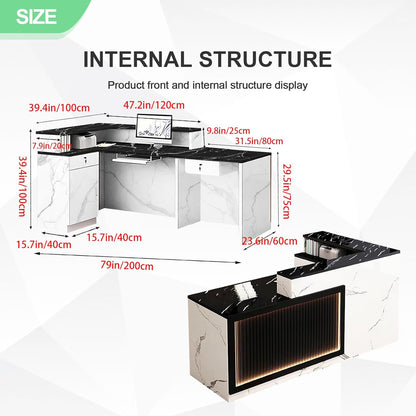 Modern Reception Desk with Counter and Drawer Office Front Desk with Cabinet Wooden Commercial Reception Table Checkout Counter for Retail Salon Lobby White and Black Left 79inch/200cm