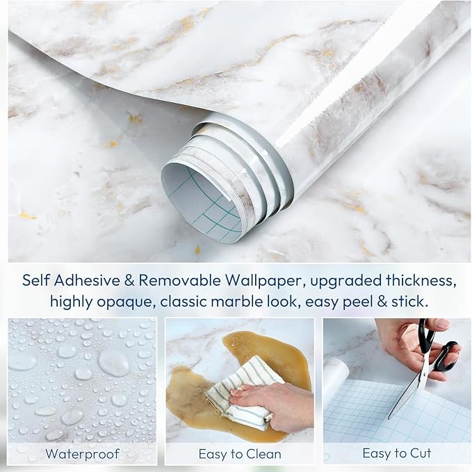 rabbitgoo Glossy Marble Contact Paper Peel and Stick Wallpaper 23.6" X 196.8"