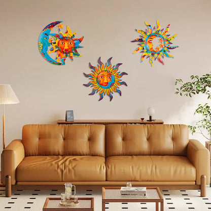 dreamskip 3 Pack Sun and Moon Wall Decor, Hanging Sun Moon & Stars Metal Wall Art, Sun Face Outdoor Wall Decor for Garden Fence Patio Yard Living Room Bedroom Decorations
