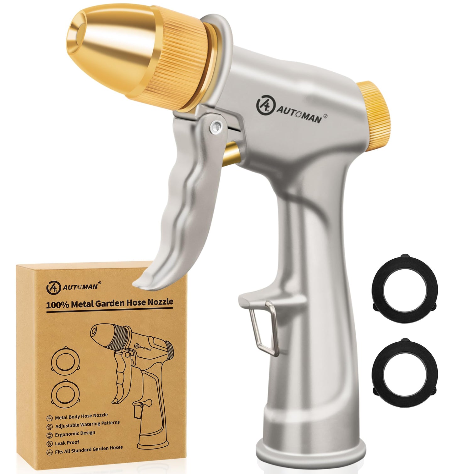 AUTOMAN Garden Hose Nozzle Sprayer - High Pressure 100% Metal Water Spray Nozzle With 4 Patterns - Heavy Duty for Watering Plants, Lawns, Washing Cars & Pets