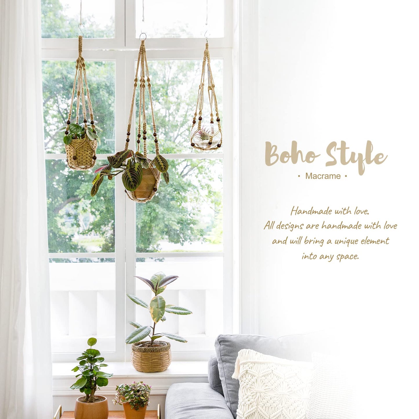 Mkono Brown Macrame Plant Hanger and Ceiling Hooks, Indoor Jute Hanging Planter Basket with Wood Beads Decorative