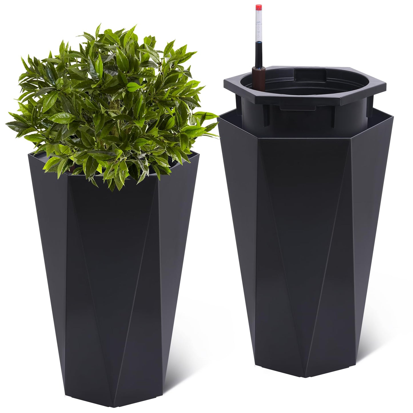 LuyFuitre Set of 2 Tall Planters for Outdoor Plants, 22.5 Inch Tall Planter Pots with Water Level Monitor, Wheels & Inner Bucket for Indoor Outdoor, Black
