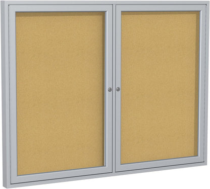 Ghent 36" x 48" 2-Door indoor Enclosed Bulletin Board, Shatter Resistant, with Lock, Satin Aluminum Frame - Natural Cork (PA234K) Made in the USA