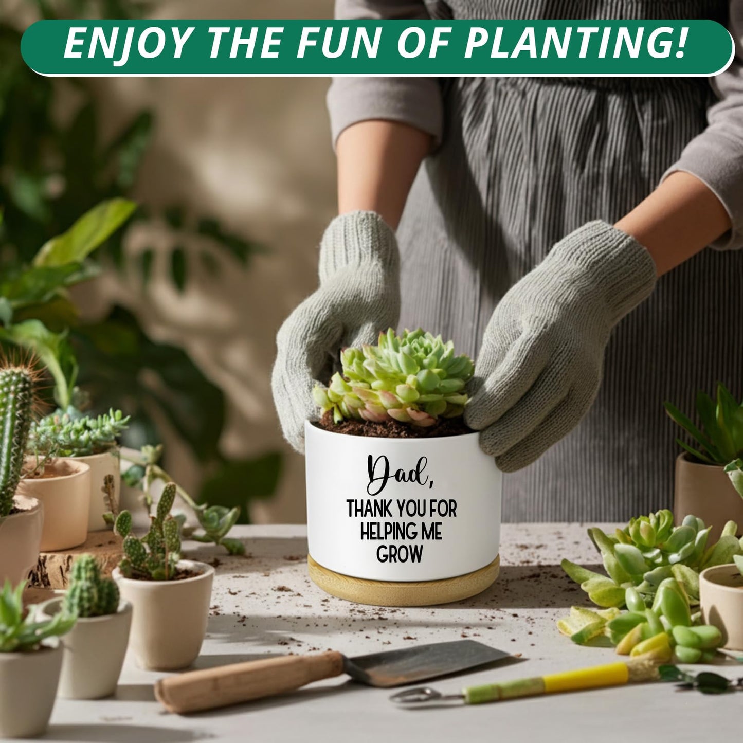 Myakako Thank You Dad Ceramic Planter with Wood Tray – 3.5 Inch Funny Flower Pot for Succulents, Cactus & Indoor Plants, Unique with Drainage Hole (Plant Not Included)