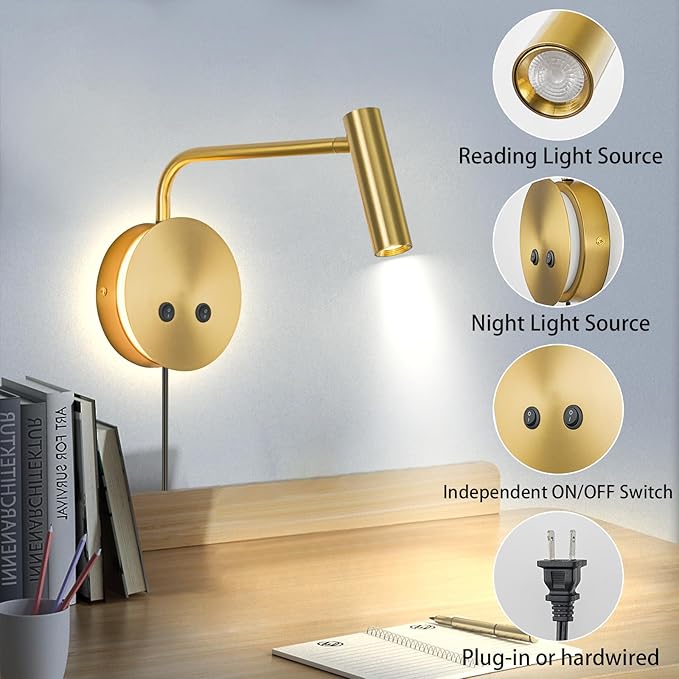 Gold Wall Mounted Reading Light, 3000K Flexible Headboard Reading Sconces with On Off Switch Control, Plug in/Hardwired Wall Light Fixtures with Night Light for Bedside Bedroom Bunk