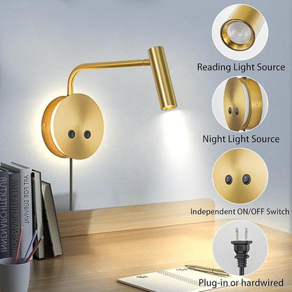 Gold Wall Mounted Reading Light, 3000K Flexible Headboard Reading Sconces with On Off Switch Control, Plug in/Hardwired Wall Light Fixtures with Night Light for Bedside Bedroom Bunk