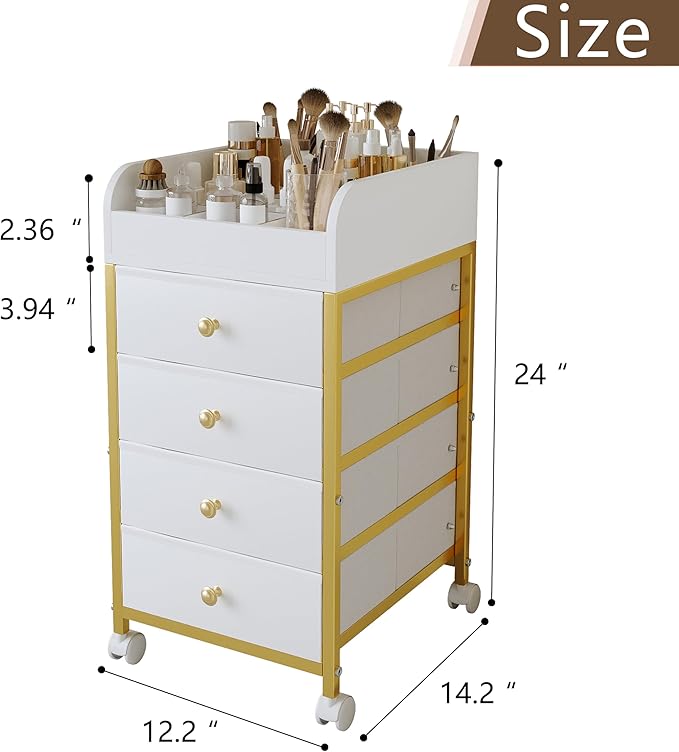 Rolling Makeup Organizer Cart - Under Desk Vanity Cart with 4 Fabric Drawers, Makeup Bathroom Storage Cart Cosmetic Display Cases for Nail Polish Brush Hair Tool