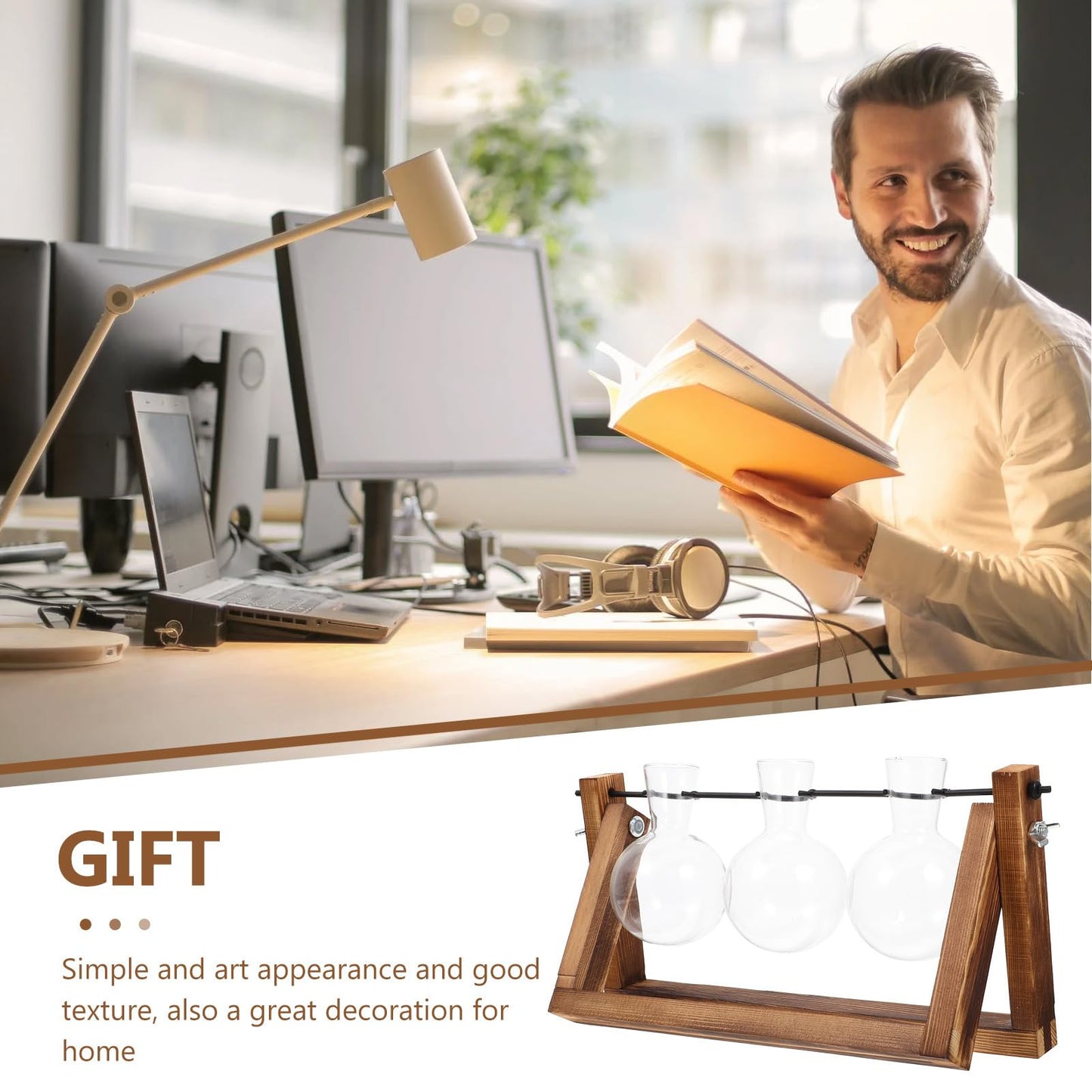 SEWACC Hydroponic Glass Planter with Wooden Stand, Desktop Flower Vase for Indoor Plant Display, Office and Home Table Decoration, Glass Flower Pot Terrarium Container
