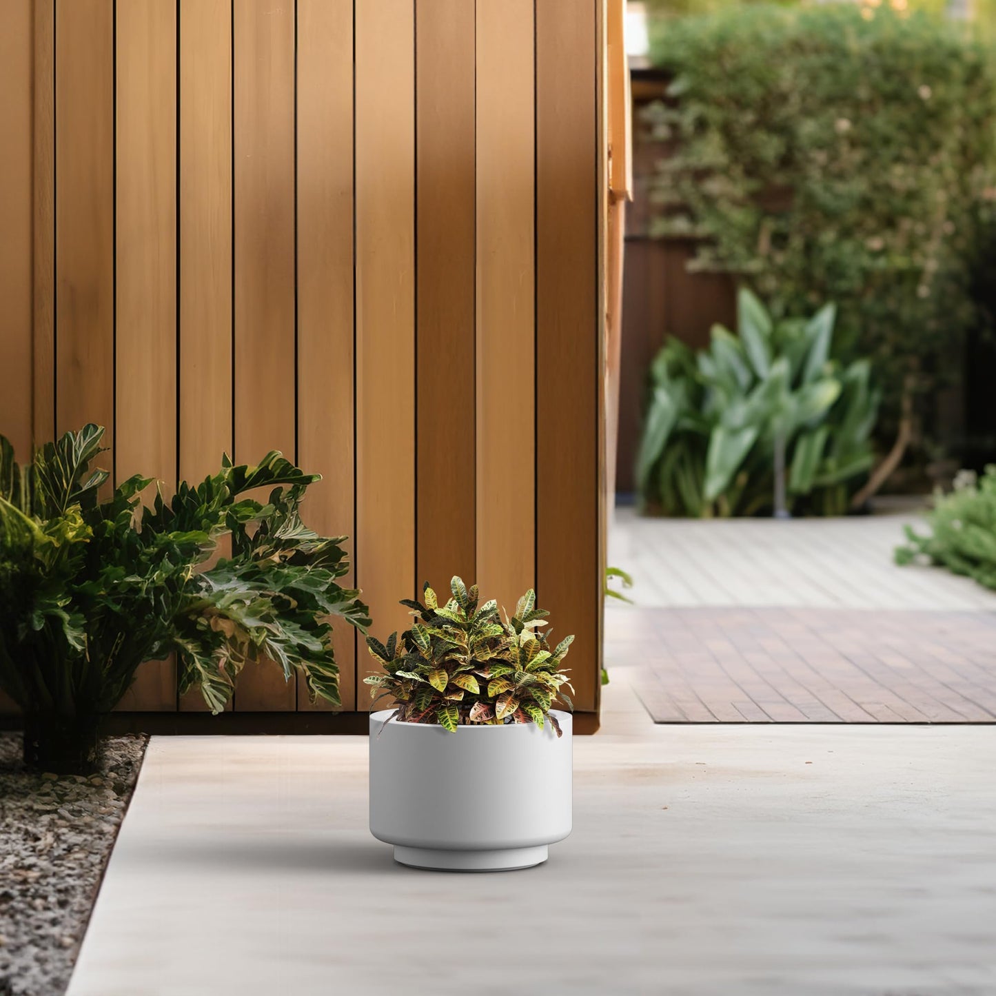 Kante 10 Inch Dia Concrete Planter, Round Pedestal Design Garden Pot for Indoor Outdoor Plants, Modern Flower Pot with Drainage Hole and Rubber Plug, White