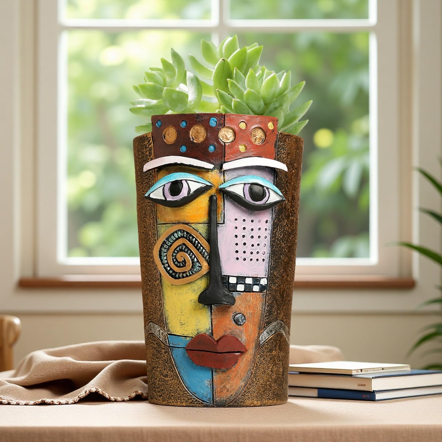 Yhupl Picasso Abstract Face Flower Pot,Plant Pot with Facial Expressions,Handmade Resin Plant Pot with Drainage Holes,for Indoor and Outdoor Botanical Home décor (Brown Large)