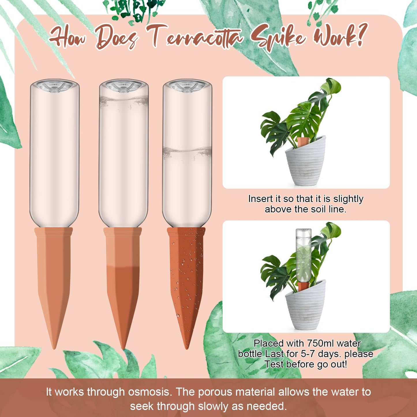 SiliFine 6 Sets Plant Watering Devices Include Terracotta Self Watering Spikes and 26 oz Plastic Bottles, Slow Release Vacation Insert Automatic Plant Waterer Device (Clear Green and Terracotta)