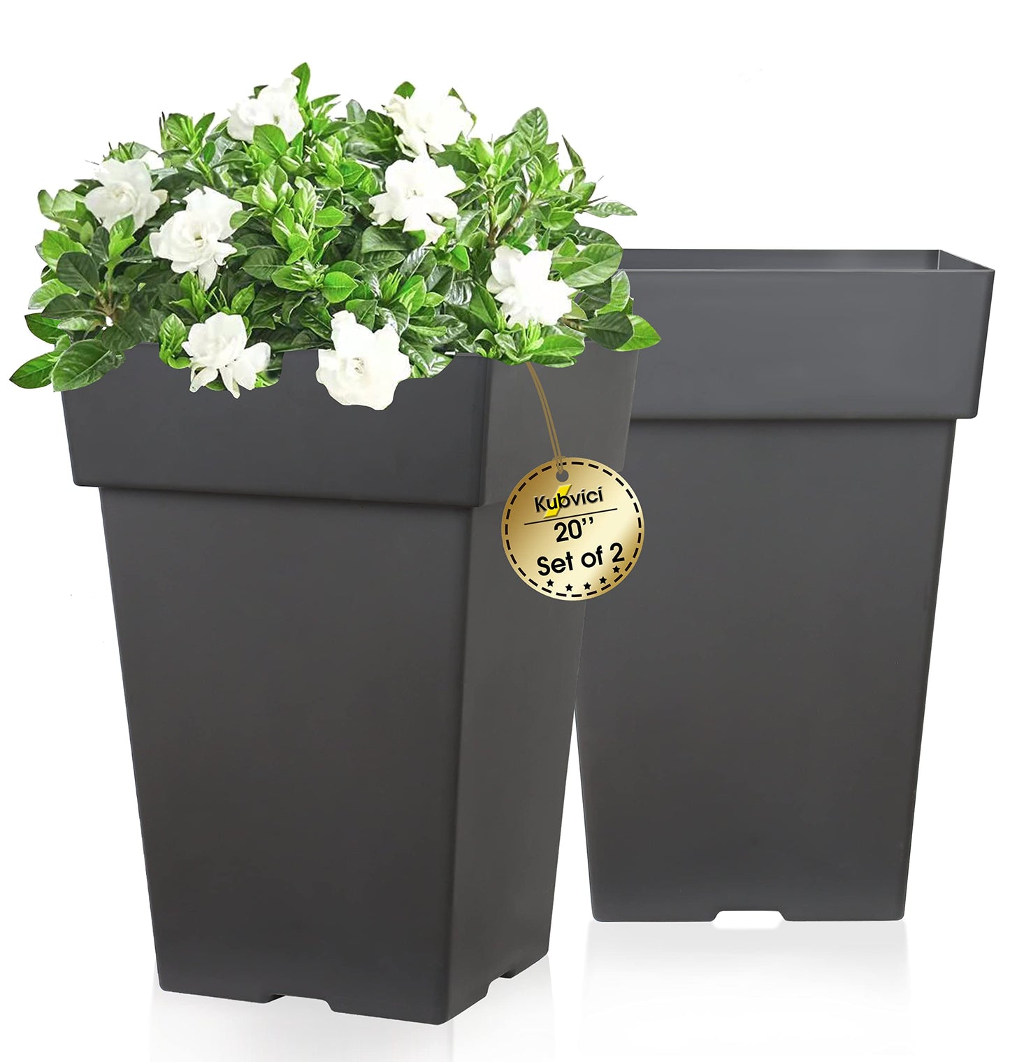 Tall Planters for Outdoor Plants, 20 Inch Movable Drainage Large Outdoor Planter Indoor Planters, Set of 2 Plastic Planters for Front Porch Door Garden Balcony Deck, Dark Gray 20"