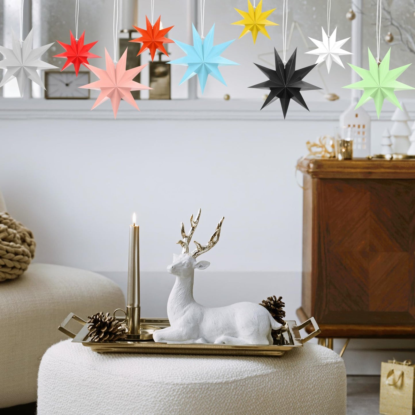 MECCANIXITY 5 Pcs Paper Star Lanterns 9-Pointed 12" Hanging Star Paper Lantern Hanging Lampshade for Christmas,Wedding,Graduation Party Supplies, Gold