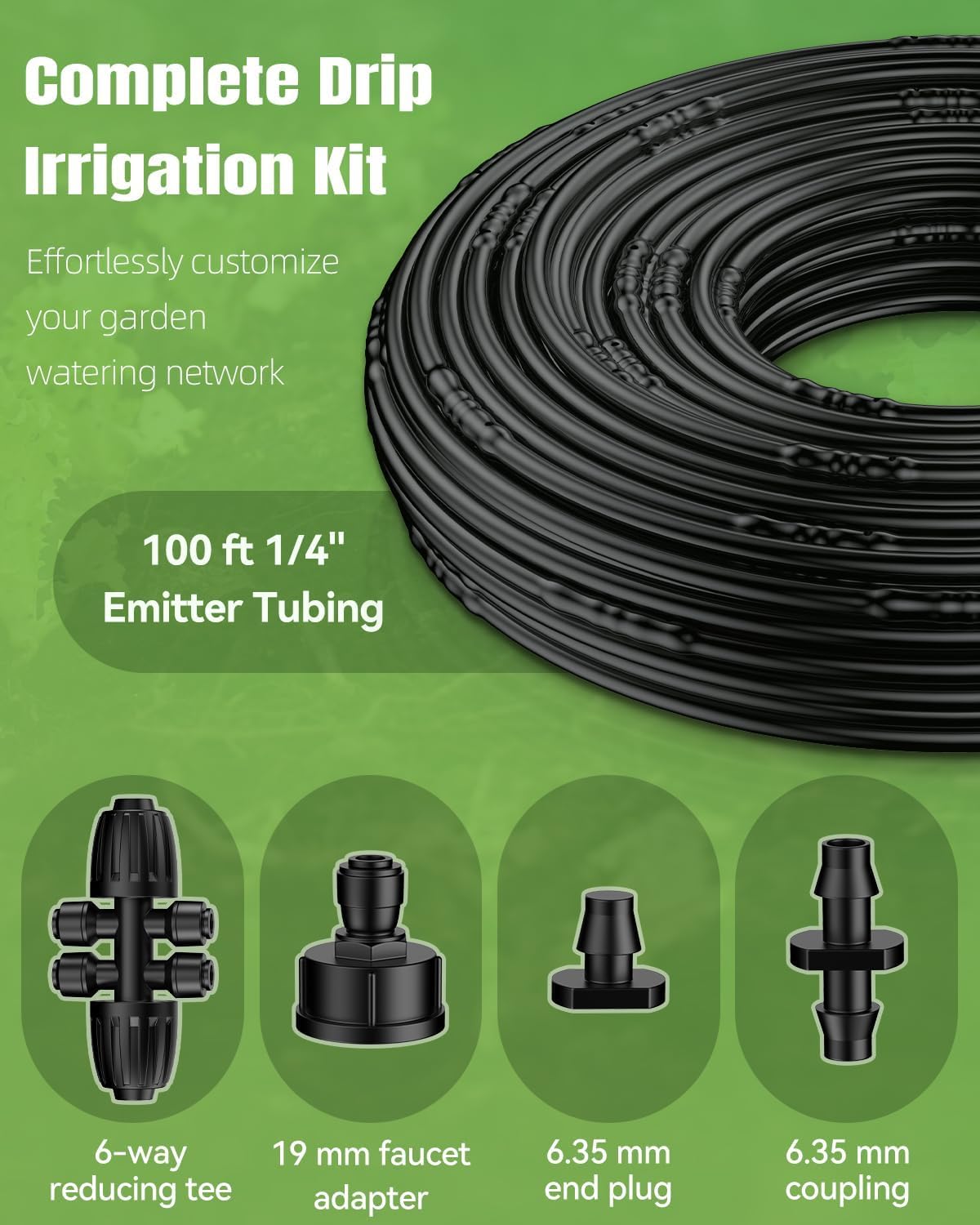 Pawfly 100 ft 1/4 Drip Irrigation Tubing, 1/4" Emitter Tubing with 6" Spacing, Polyethylene Drip Line with 12 Parts, Black Distribution Tubing for Drip Irrigation System, Drip Irrigation Hose Roll