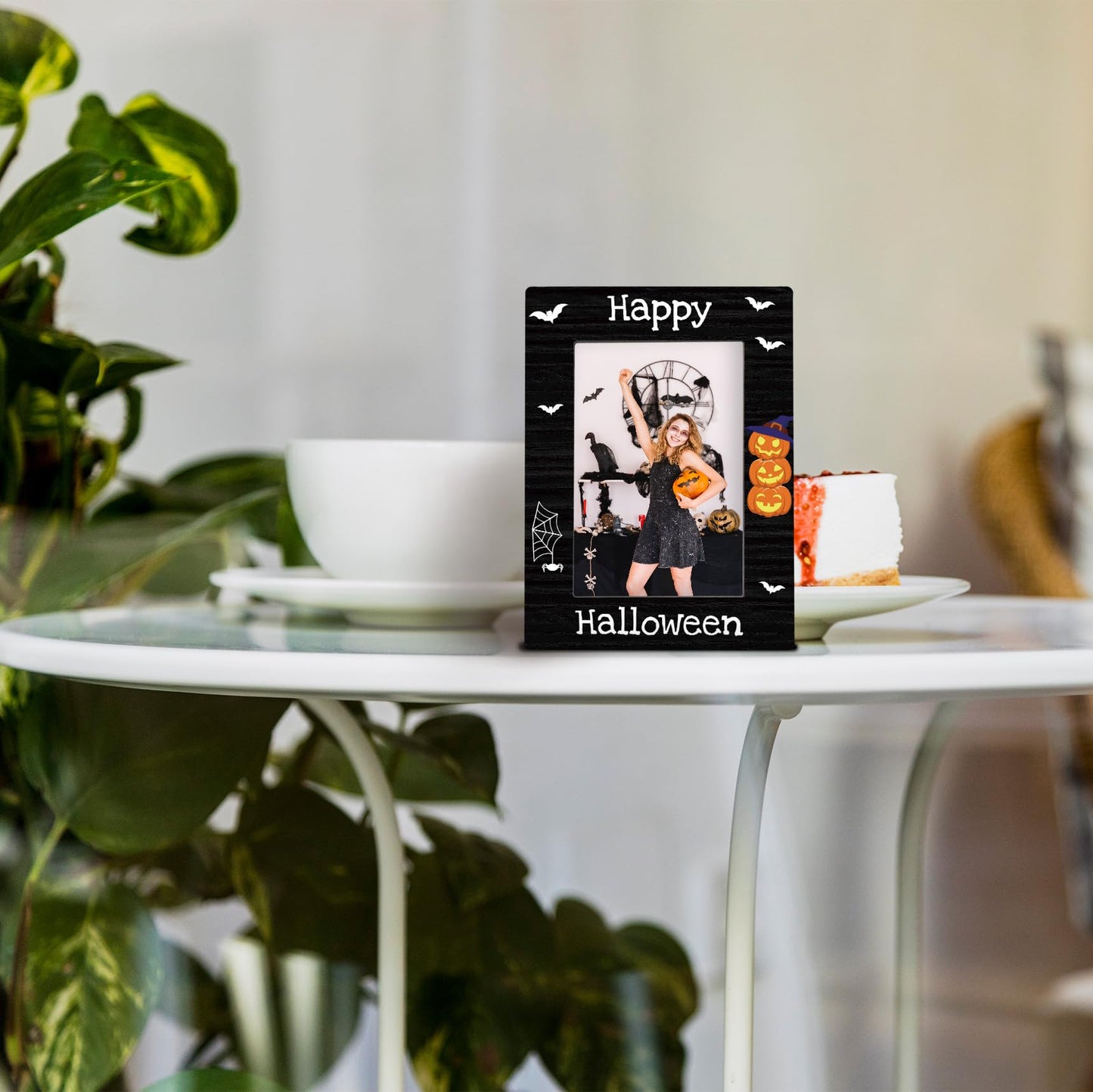 DUXMNAMG Happy Halloween 4x6 Picture Frame, Spooky Gothic Pumpkin Bat Photo Frame, Autumn Fall Halloween Gifts for Kids Women Men, Black Gothic Spooky Photo Frames for Desk Shelf Decor