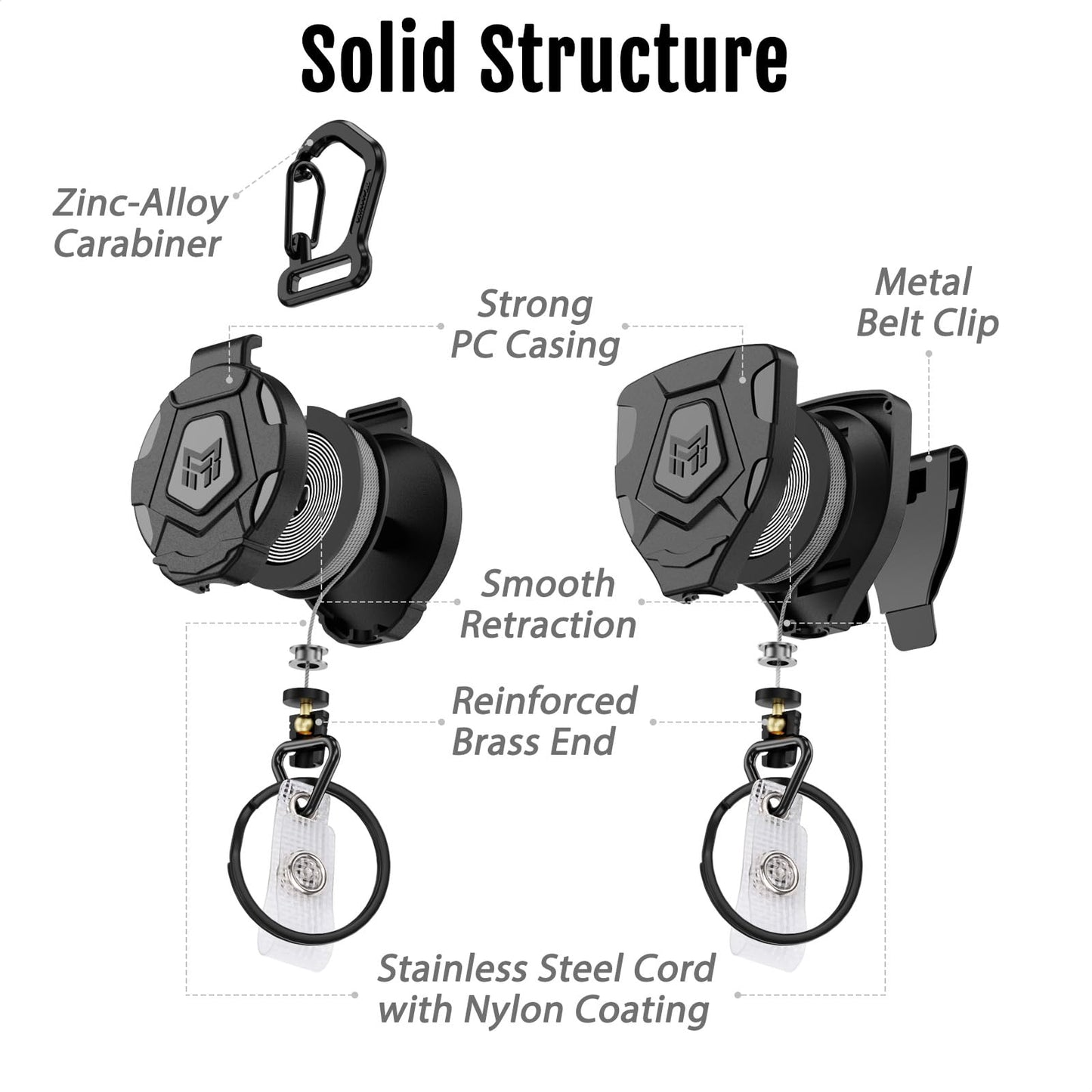 MNGARISTA Heavy Duty Retractable Keychain, Belt Clip Ver. & Carabiner Ver., 9 oz Retraction, 31.5" Steel Rope, Tactical ID Badge Reel with Key Chain Retractor, 2-Pack