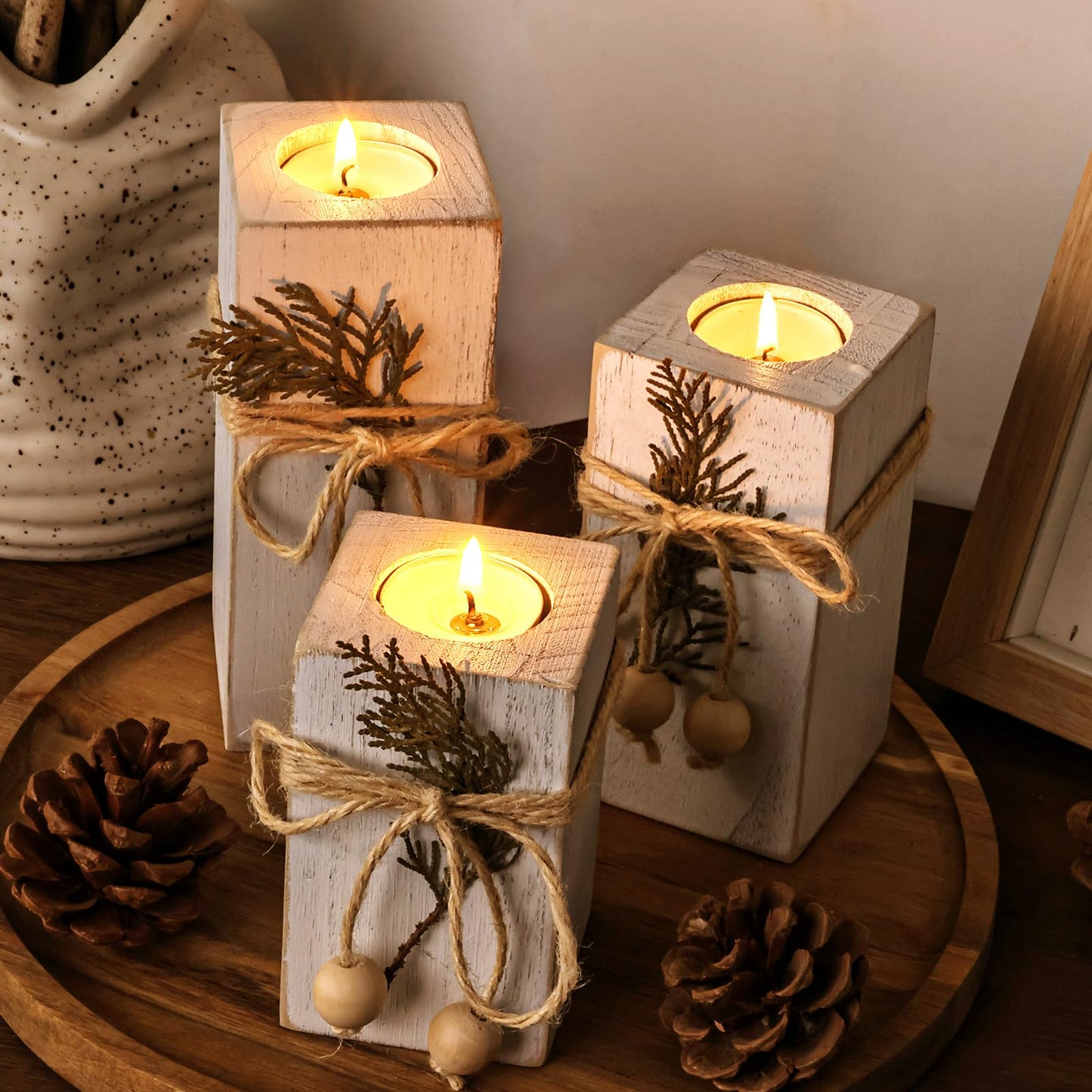 MelonBoat Rustic Flameless LED Candles 3-Pack, Battery Operated Candles with Wooden Candle Holders, White Rustic Farmhouse Decor, Farmhouse Candle Holder for Valentines Holiday Party Home Decor