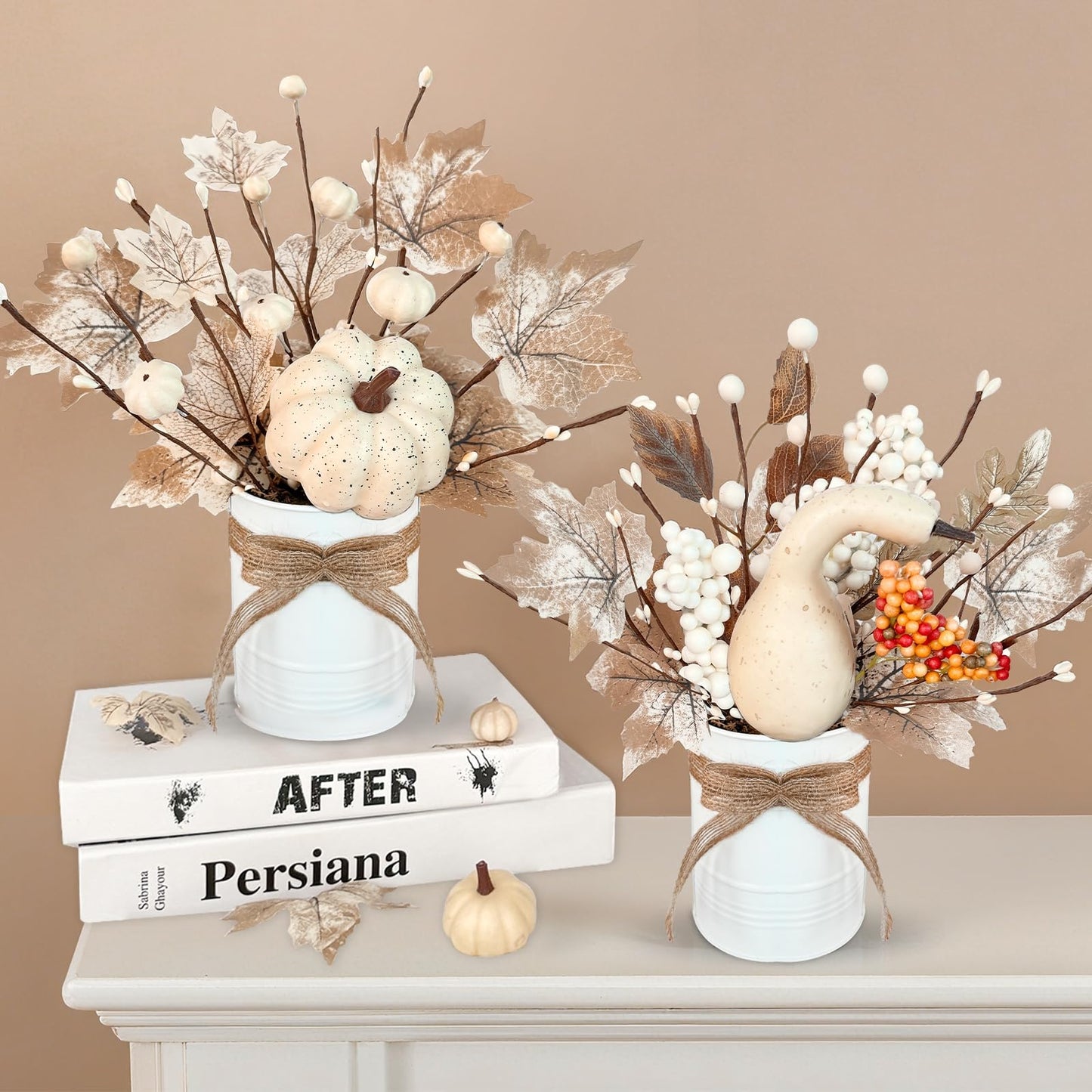 2 Pack 12" Fall Decorations Fall Centerpieces for Tables Potted White Maple Arrangement in Metal Pot White Pumpkin Berried Autumn Thanksgiving Decorations for Home Table Kitchen Office Farmhouse Decor