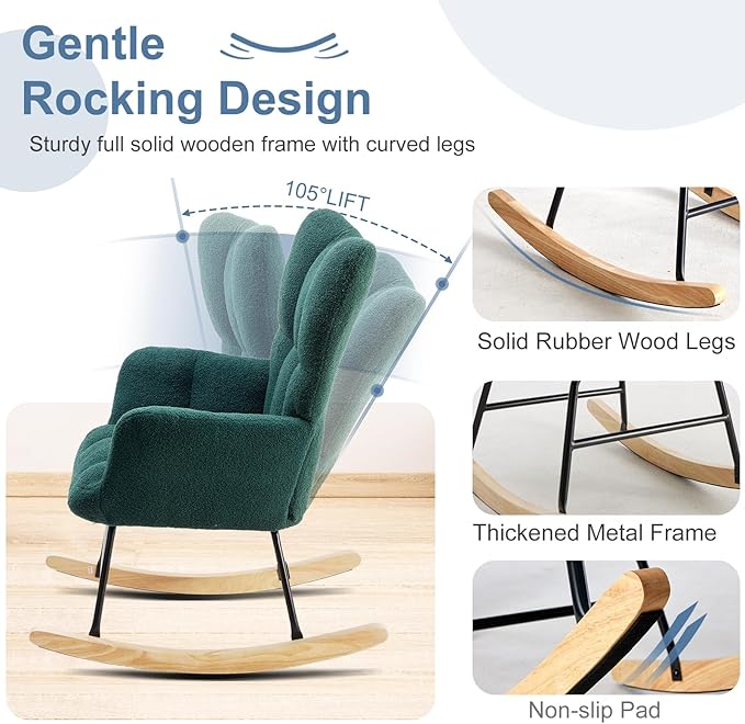 DUMOS Rocking Chair with Wing Backrest, Teddy Comfy Upholstered Indoor Reading