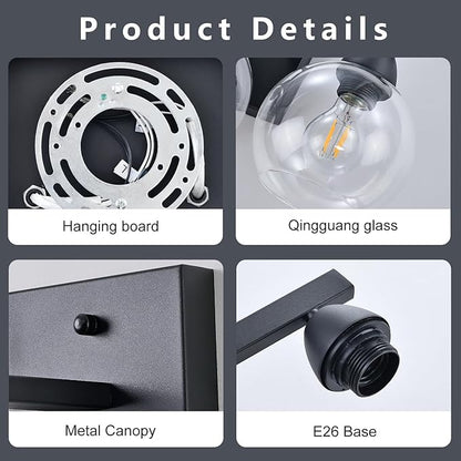 Bathroom Light Fixtures, 3-Light Matte Black Vanity Light with Hand-Blown Thick Glass Shades, Premium Clarity & Shatter-Resistant, Wall Sconces for Mirror, Kitchen, Bedroom