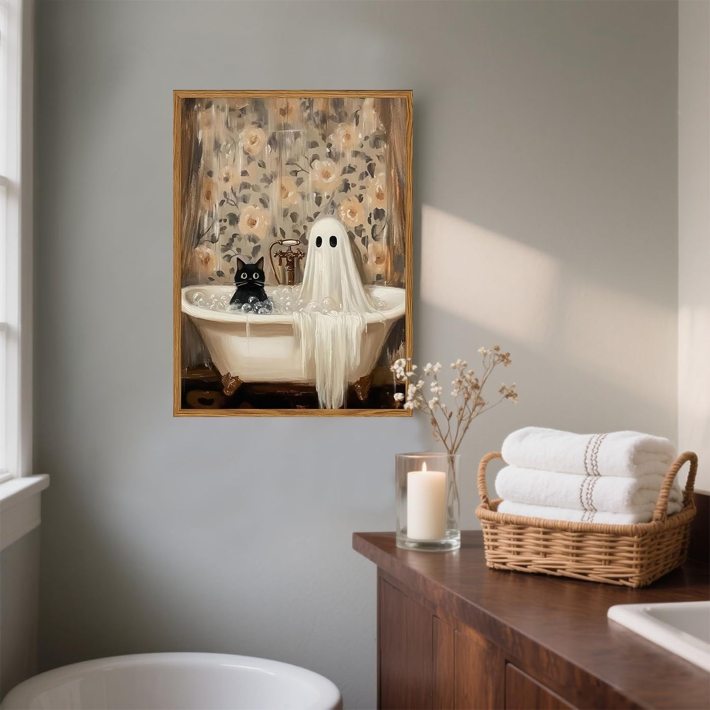 Framed Halloween Ghost Bathroom Canvas Wall Art, Funny Cute Ghost and Black Cat in Bathtub Pictures Wall Decor, Gothic Dark Academia Paintings Prints Spooky Home Decor for Restroom 12x16 inch