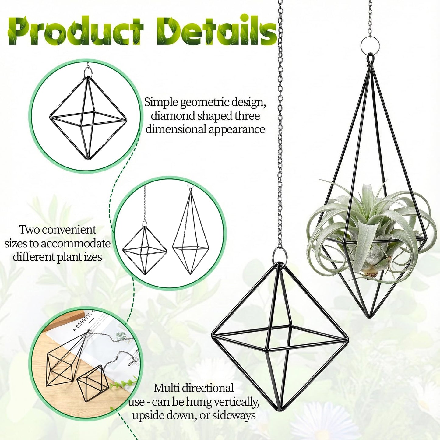Yuanan 6 PCS Air Plant Hanger, Air Plant Holder Geometric Metal Airplant Holder Hanging Tillandsia with Chains, Home Decor, Balcony Planting and DIY Art for Small Indoor Plants-2 Size